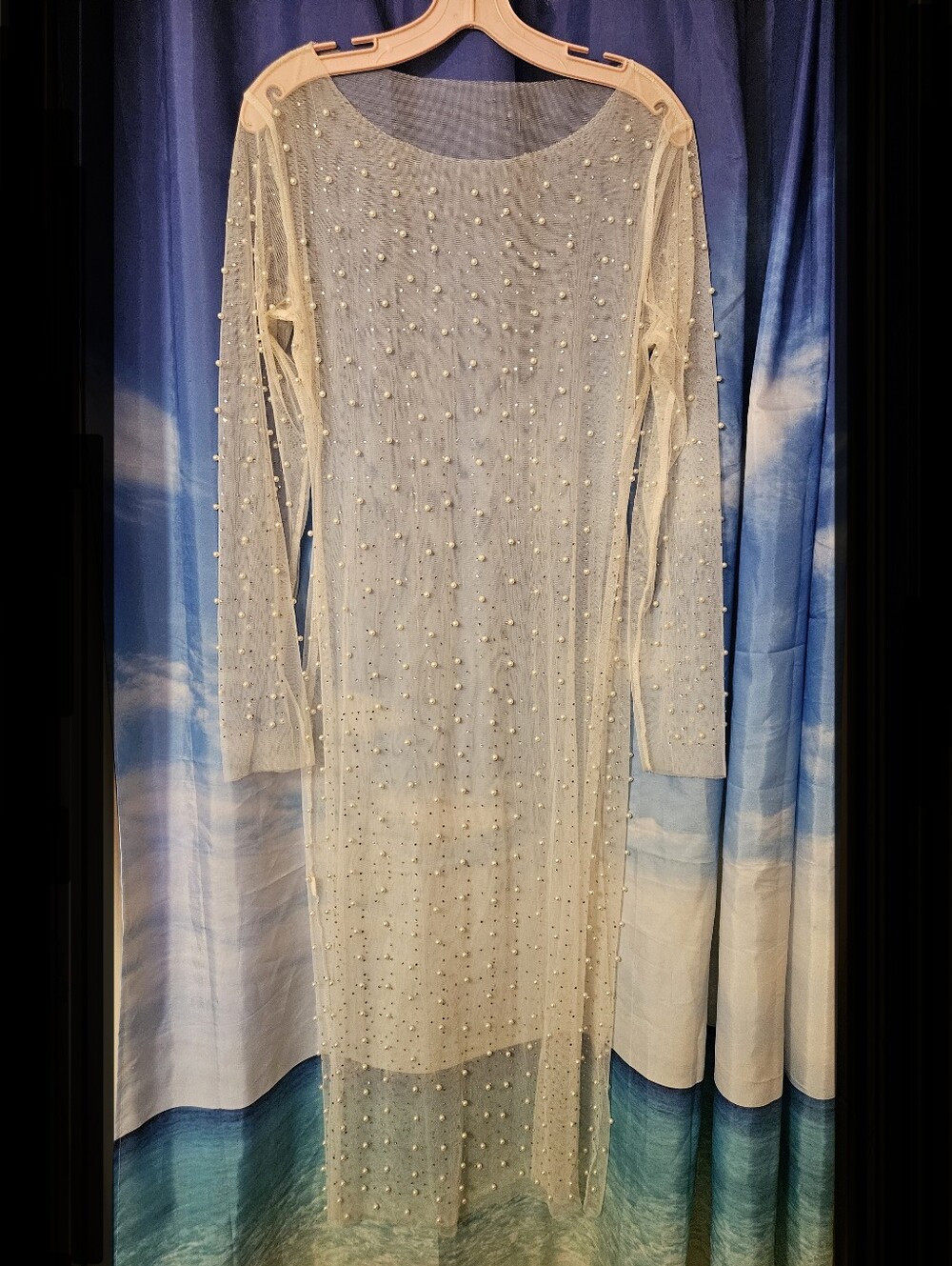 Beaded Sheer Long-Sleeve Ivory        Dress or Sheer Bathing Suit Coverup